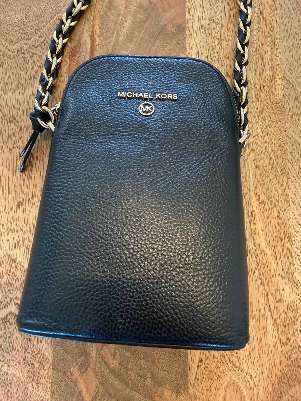 Michael Kors Black Pebbled Leather Crossbody Bag Gold Chain Small Purse